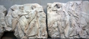 A scene from the Parthenon frieze depicting distressed bulls being dragged to sacrifice; British Museum; photograph by Angela Sutton-Vane 2015